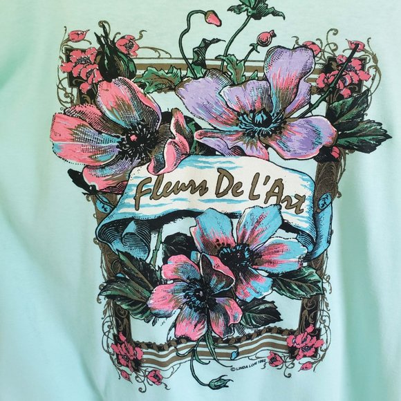 Linda Lori Women's Vintage 1992 Floral Sea Foam Scoop Neck Tee Shirt Top Blouse - Picture 3 of 13